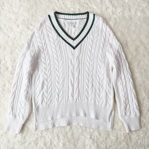 Rachel Zoe White Cable Knit V-Neck Sweater with Green Trim